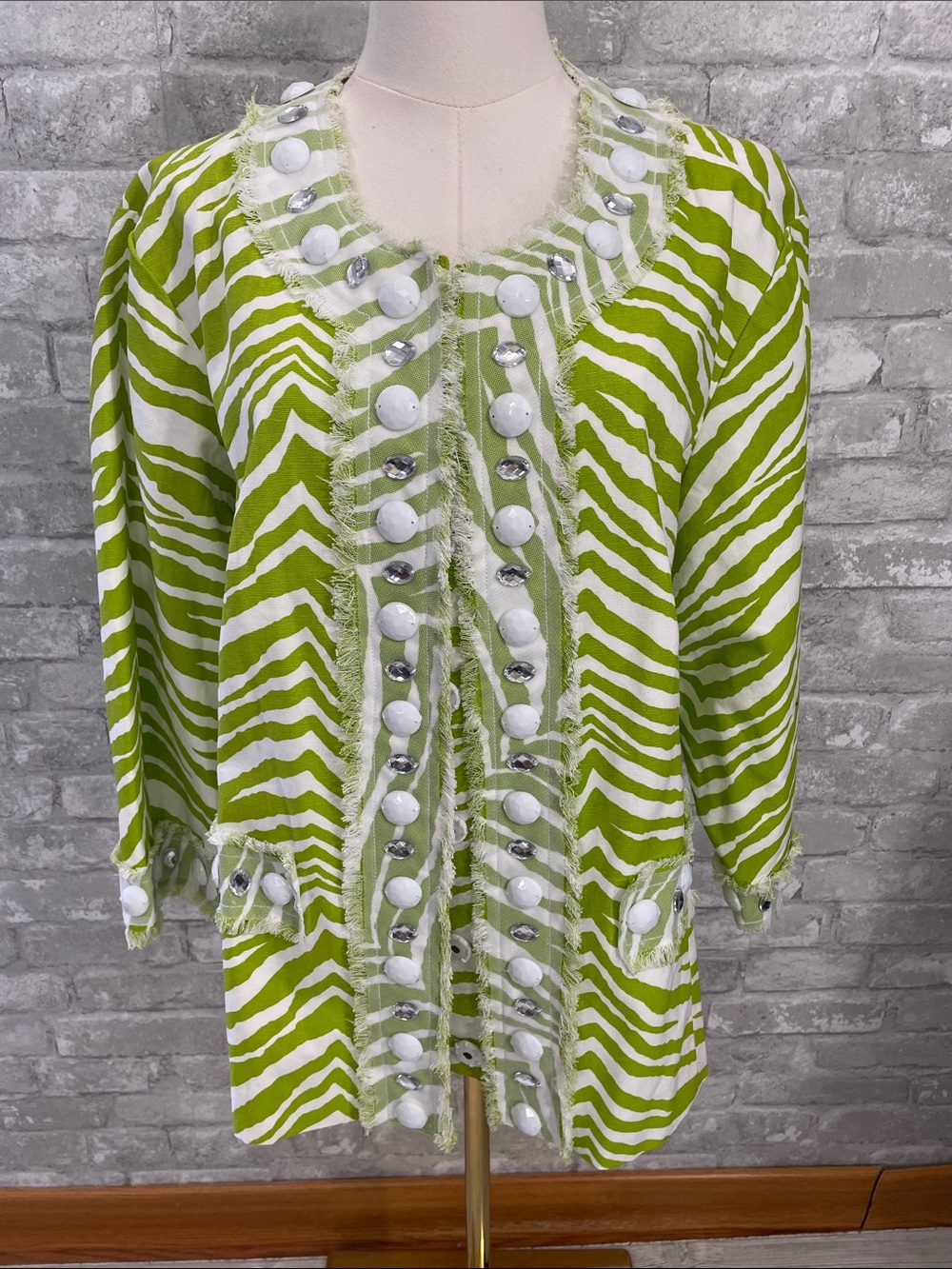 Berek Lime and White Zebra-Print Button Front Jacket